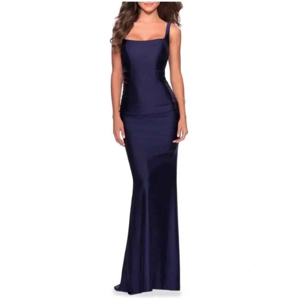 NWOT La Femme navy ruched gown